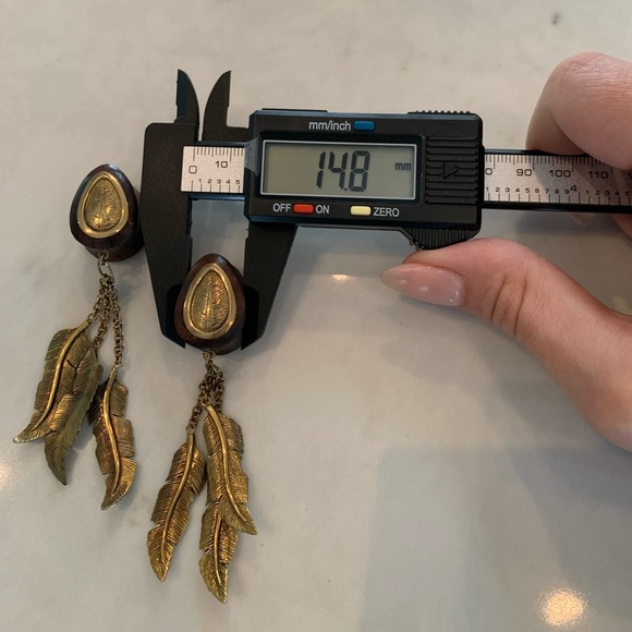 Buddha Jewelry wood & brass plugs feather dangle 3/4” - Picture 3 of 3